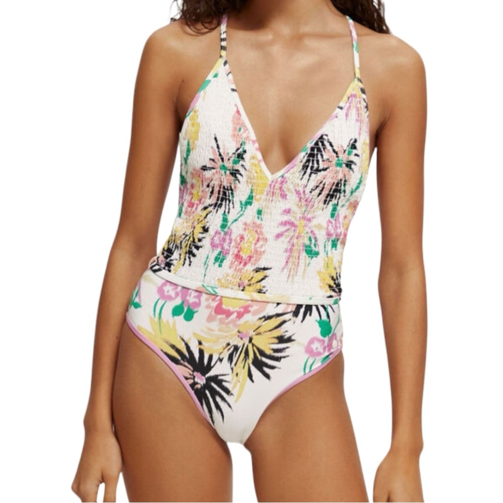 141. Women’s Scotch & Soda Tropical Smocked Front Belted One-Piece Swimsuit NWT